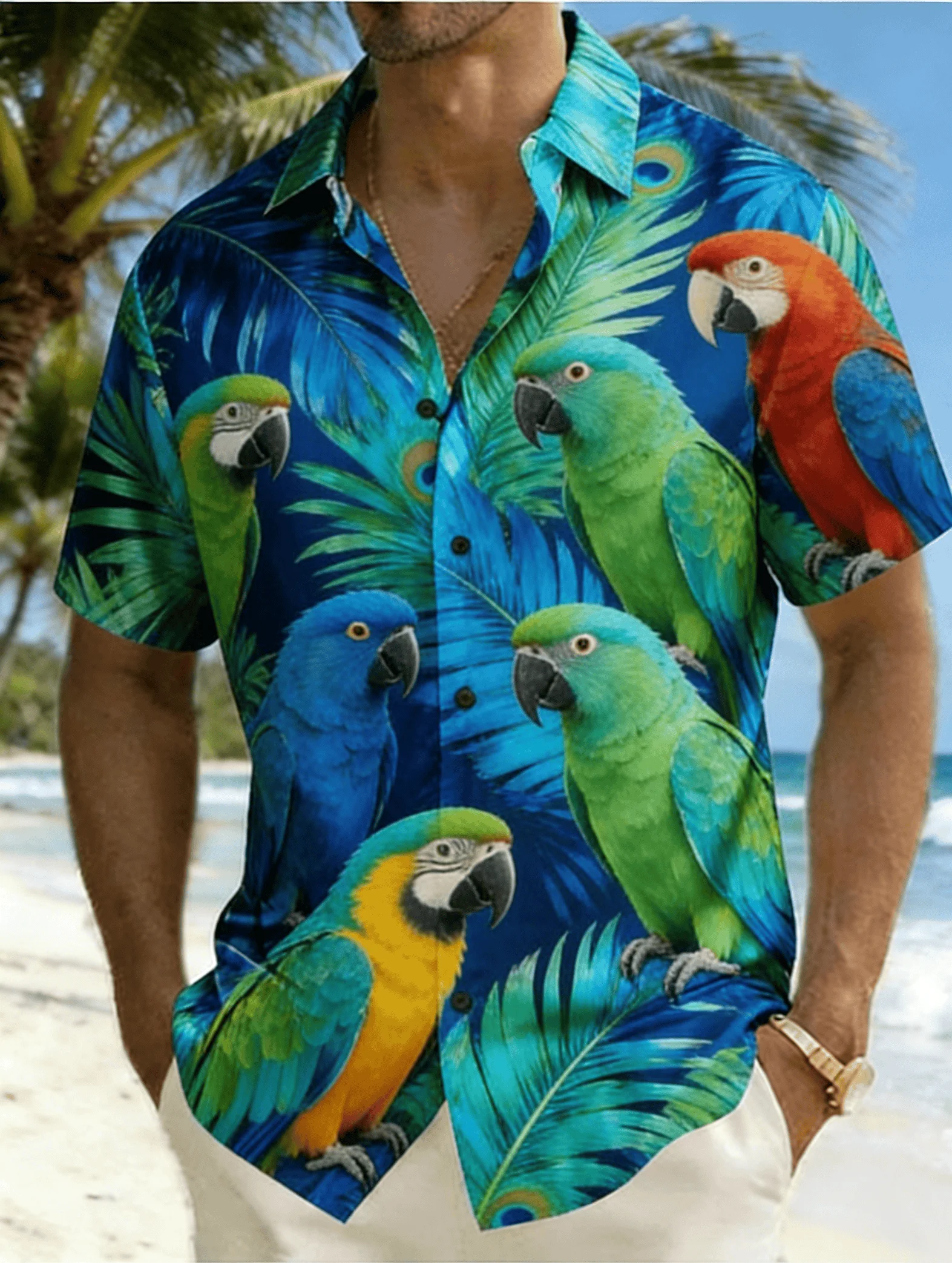 Men's Print Short Sleeve Shirt, Spring Summer Fresh Ocean Hawaiian Vacation Blouse, Loose Casual Top