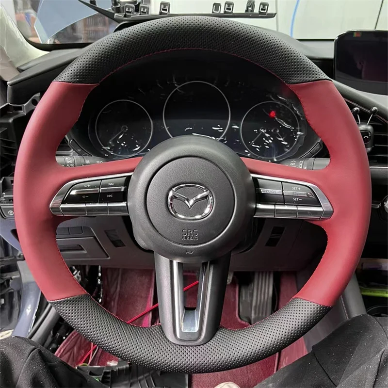 For Mazda CX-30 2019-2022 Mazda 3 Axela 2019-2022 Hand Stitched non-slip red black Genuine Leather Car Steering Wheel Cover