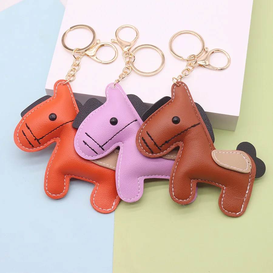 Cute Horse Charms Keychain Cartoon Leather Animal Bag Pendant Keyring for Men Women Decoration Gift