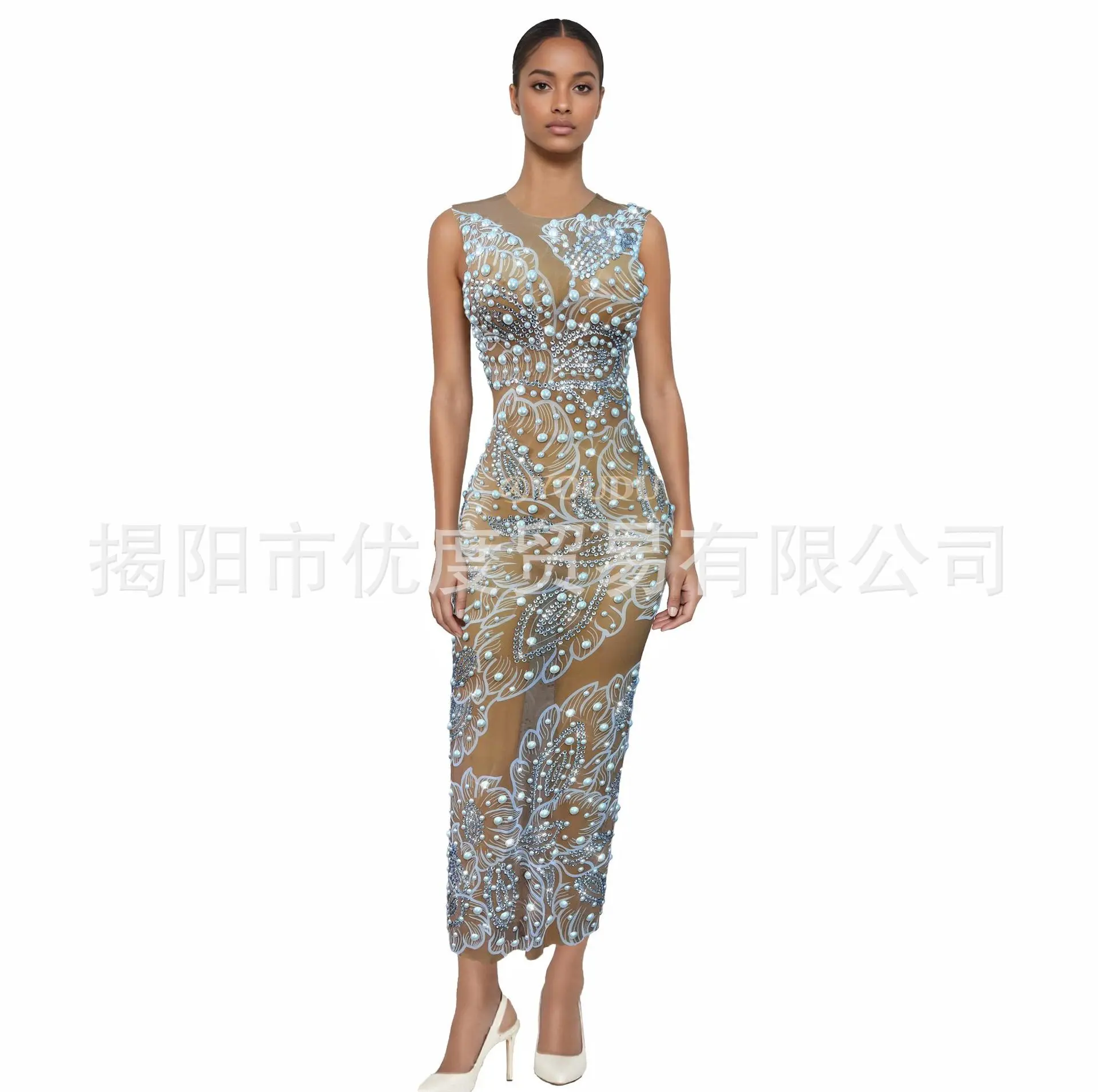 

Pearl Rhinestone Clothing Sleeveless Dress Elastic Performance Clothing Evening Dress Birthday Party Clothing Pearl Flower dress