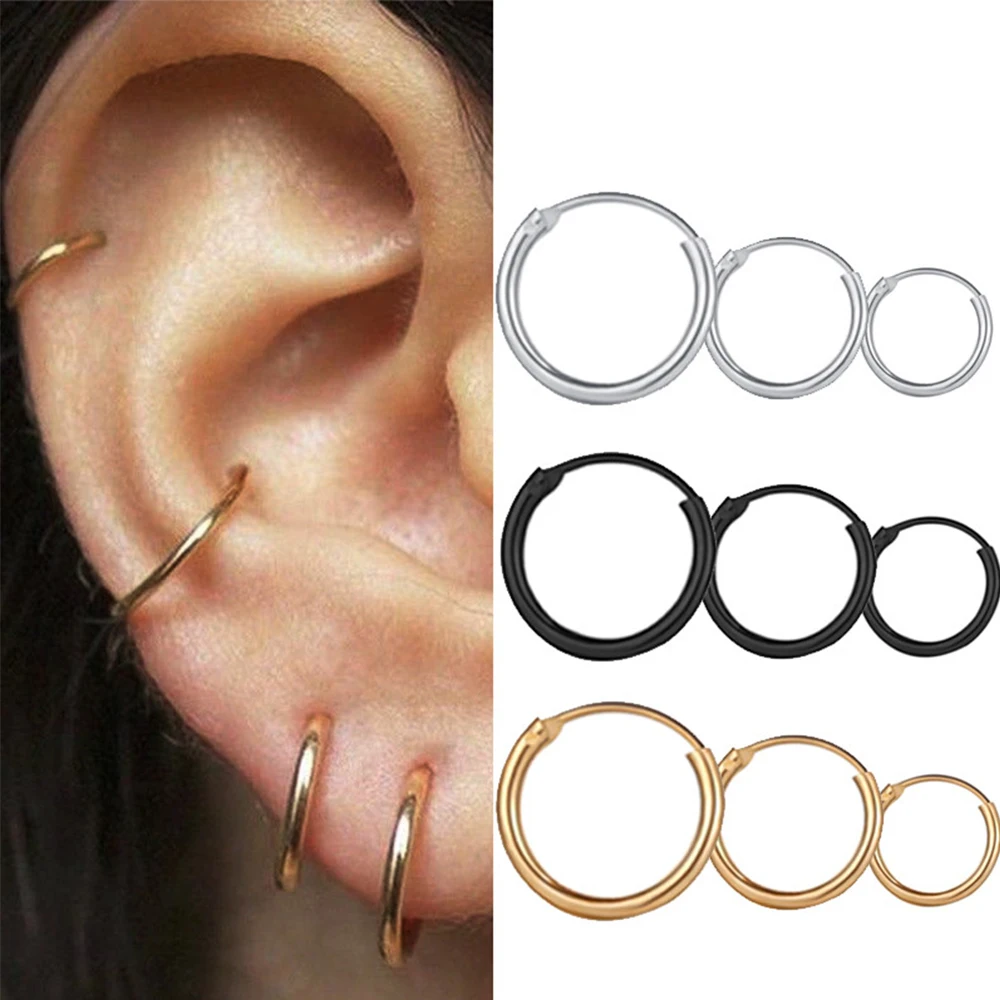 Alloy 1 Pair Minimalist Hoop Earrings For Women Solid Color Tiny Round Circle 10/12/15mm Punk Unisex Rock Earring