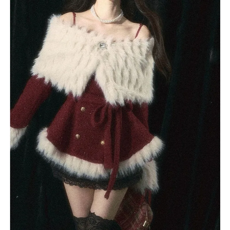 

Korean Lazy Wind Jacket Women's Autumn and Winter Shoulder Red Top Skinny Skirt Two-piece Set