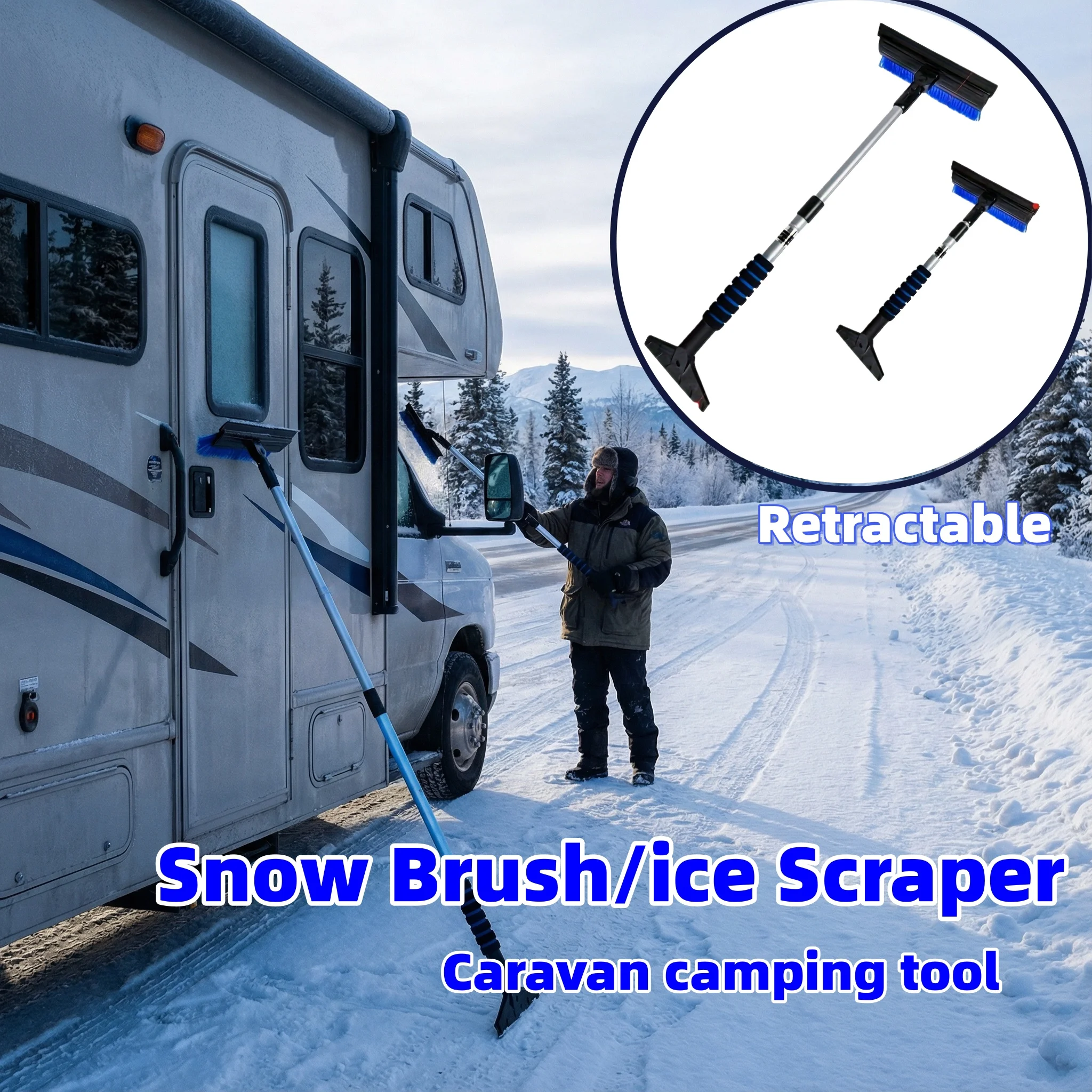 RV Extendable Snow Shovel Ice Scraper Winter Windshield Cleaner Brush Detachable Broom Snow Removal Camping Caravan Accessories