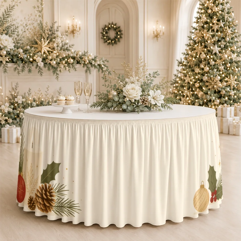 One tablecloth or table skirt for holiday and festive decoration, featuring pinecones, holly, berries and candles