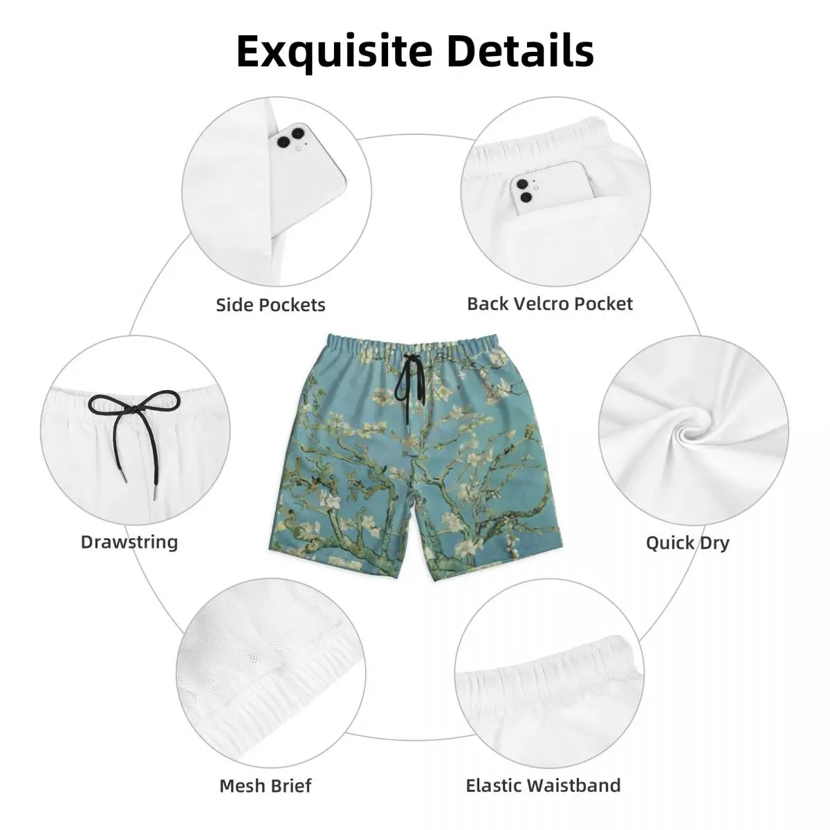 Custom Almond Blossoms By Vincent Van Gogh Swim Trunks Men Quick Dry Board Shorts Flowers Painting Swimwear Suits Boardshorts