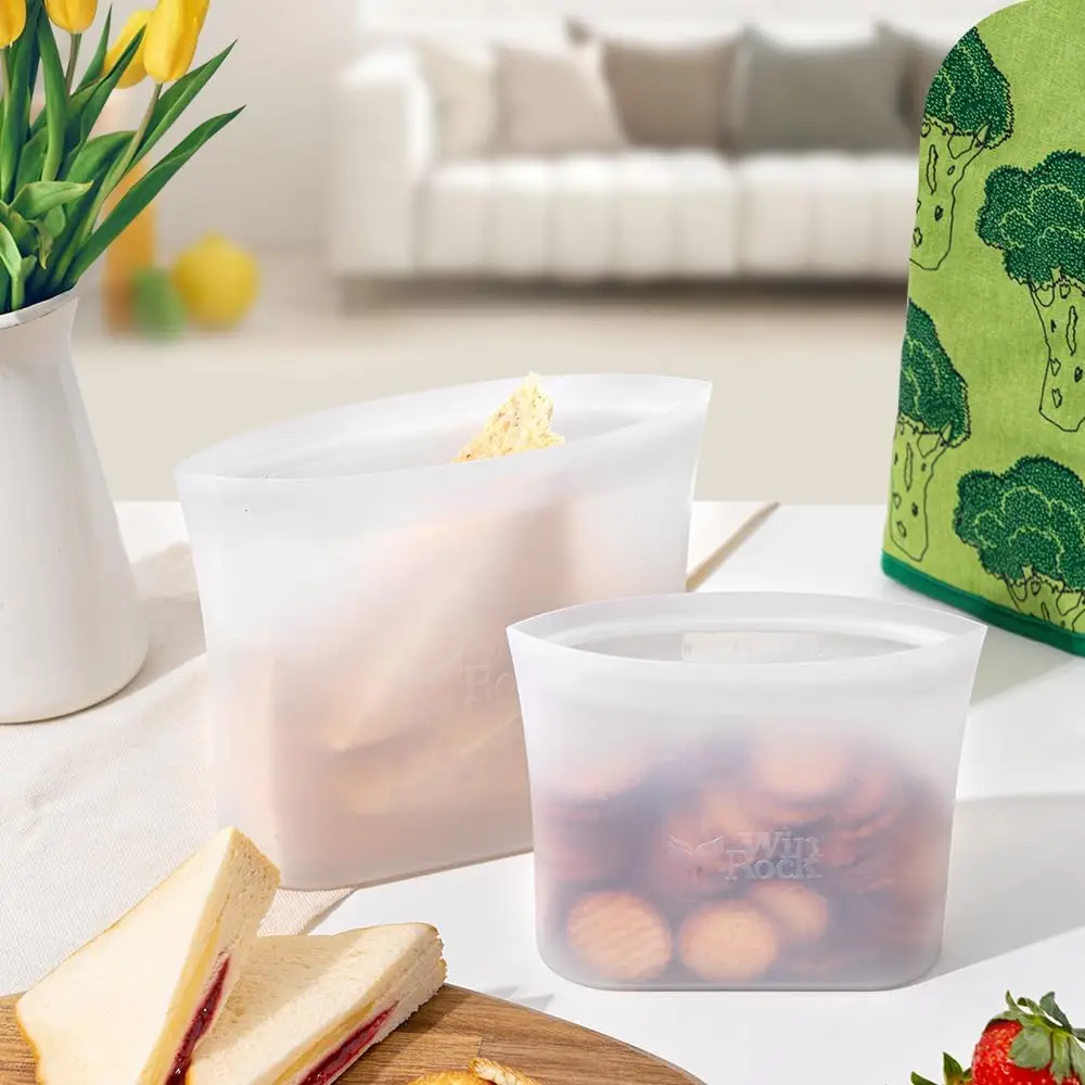 Reusable 100% Silicone Food Storage Bags, Sandwich Snack Bags New Generation Stand Up Zip Container for Soup and Leftovers