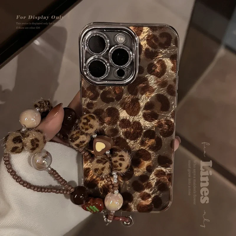 

New Retro Leopard Print Suitable for IPhone 16 Case 15promax Ball Bead Bracelet 14pro Light Luxury Lens Film 13 Protective Cover