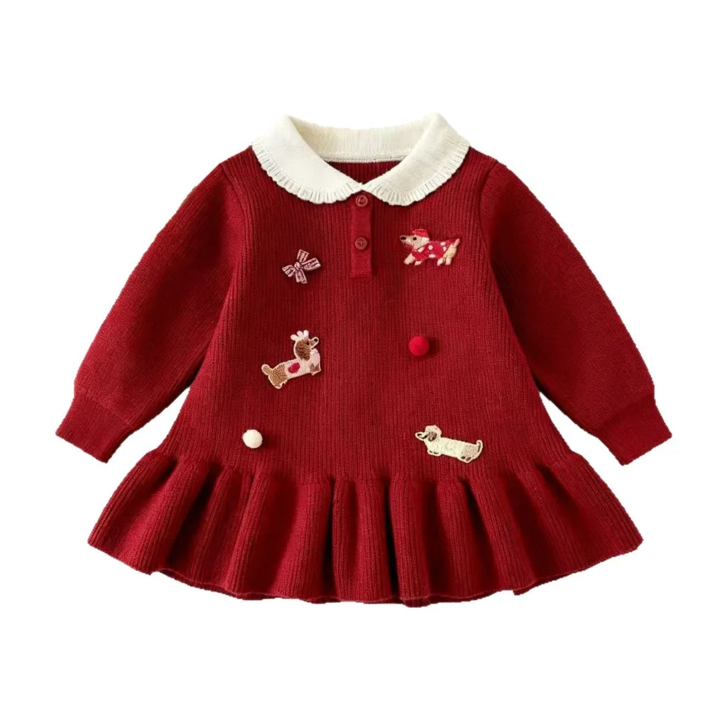 New Autumn Winter Girls Knitted Princess Dress, Cute Stylish Cartoon Sweater Dress With Peter Pan Collar For Baby Girls
