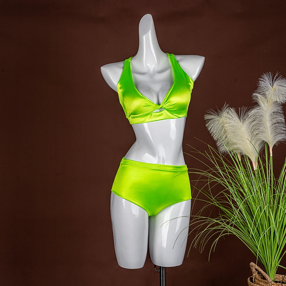 Hope&Win Sexy Women Pole Dance Clothing  Racer Back Crop Top Match Hot Shorts Satin Green Clubwear