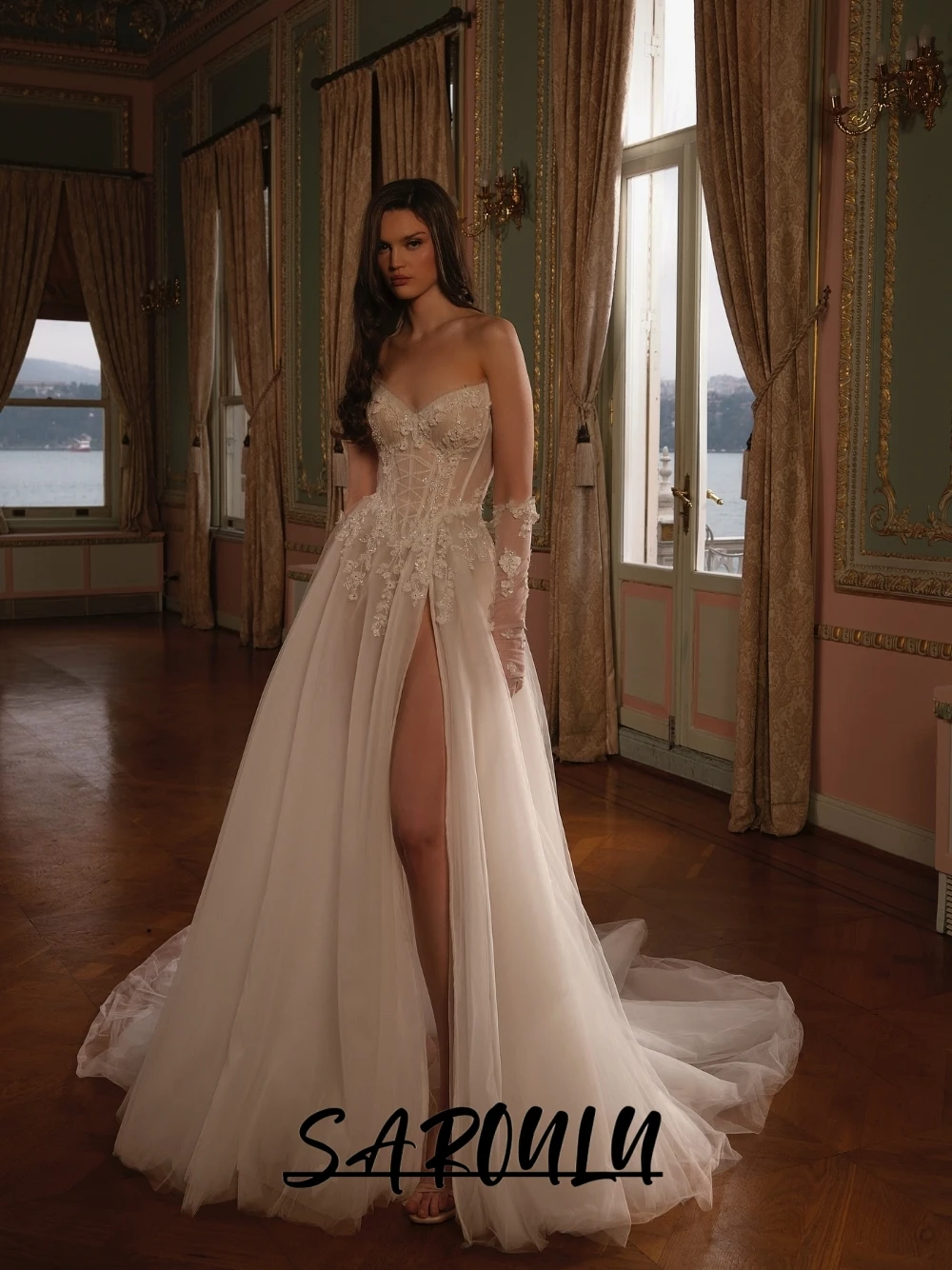 

Beach A Line Blooms Wedding Dress, Ethereal Sheer Corset Bridal Gown, Stunning Glitter Sexy V Neck Bride Wear, Customized