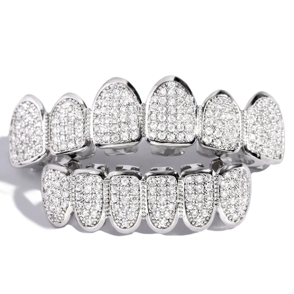 Iced Out-złote, posrebrzane zęby Grillz, Unisex, błyszczące, pełna cyrkonia, zestaw grillów, Hip-hopowa biżuteria dentystyczna