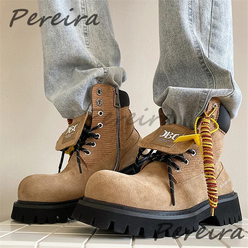 

Retro Thick Soled Motorcycle Boots for Men Women Round Toe Lace Up Ankle Booties Autumn Winter New Versatile Couple Casual Shoes