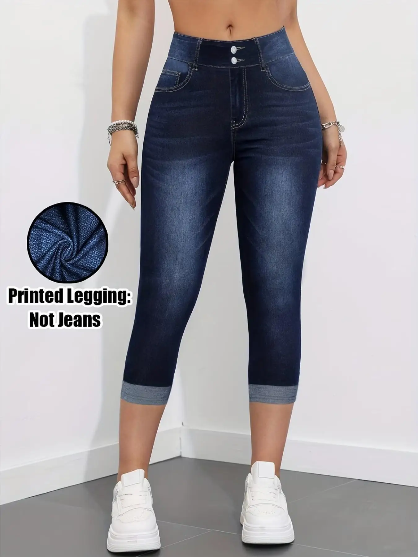 Non-Denim Women's Imitation Denim Printed Capri Leggings, Soft Breathable Slim Fit 7/8 Pants, Casual Sports Yoga Beach Vacation