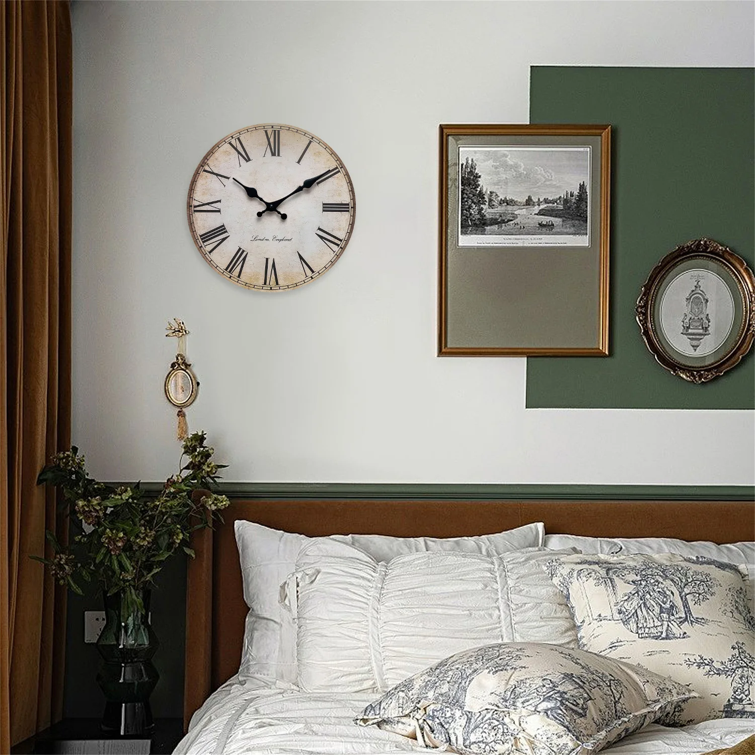 European-Style Retro Roman Numeral Wooden Wall Clock for Living Room, Bedroom, Kitchen, Home Decoration, Silent Quartz Clock, Holiday Gift, 10