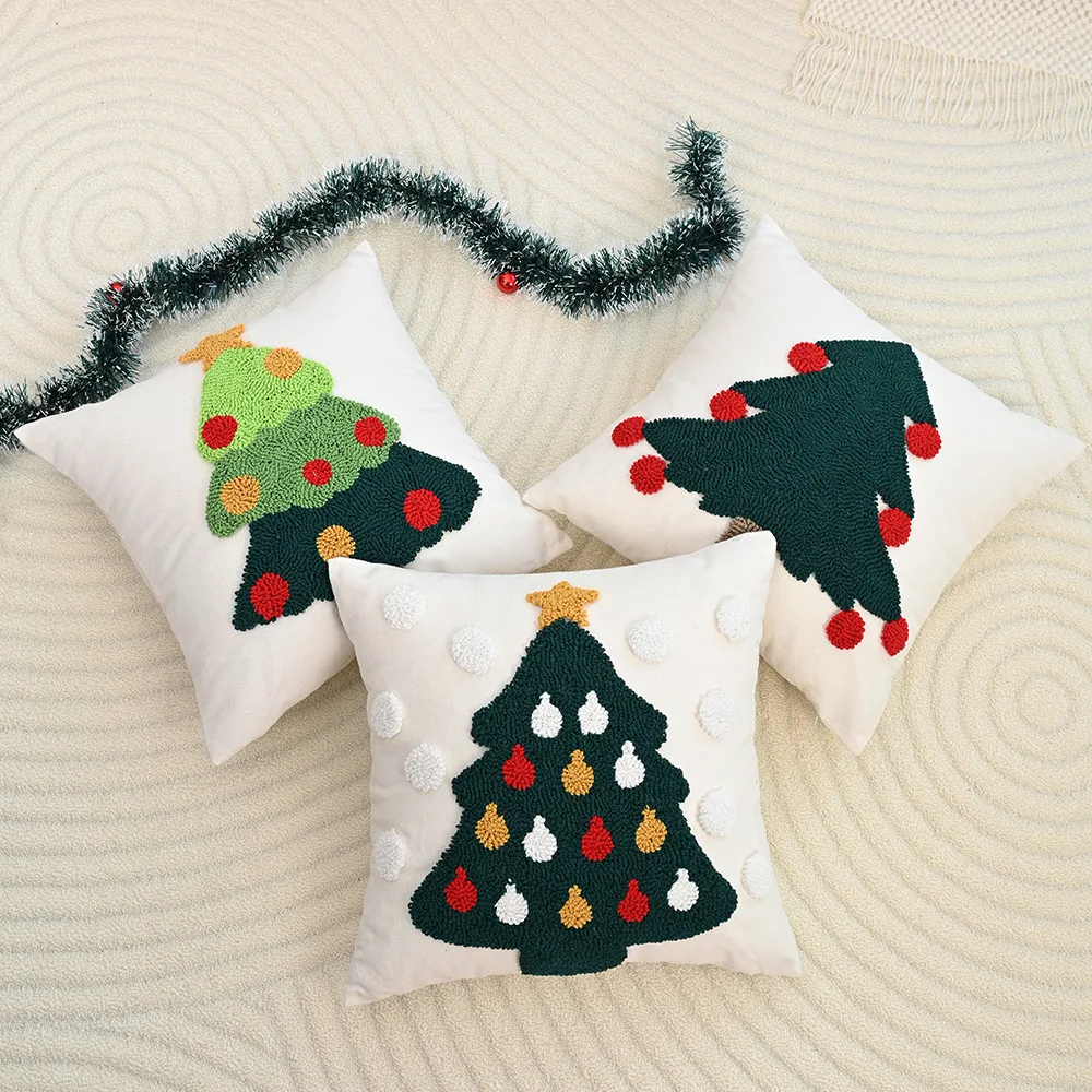 

Luxury Christmas Cushion Cover Embroidered Christmas Tree Tufted Cotton Canvas Pillow Case for Sofa Festive Home Decor Gift