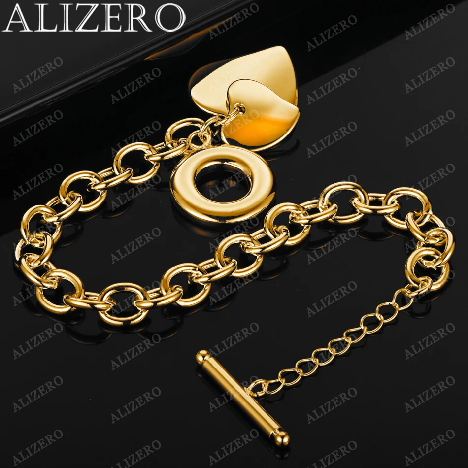 

ALIZERO 925 Sterling Silver 18K Gold Plated TO Buckle Chain Double Heart Charm Bracelet For Women Fashion Accessories Jewelry