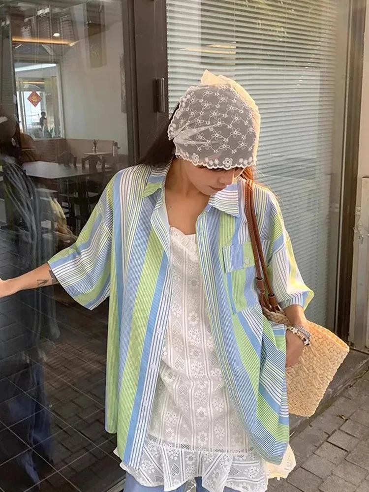 Koreanische Lose Gestreiften Hemd Frauen Casual Vintage Oversize Halbe Hülse Bluse Sommer Adrette Weibliche Retro Süße Tops