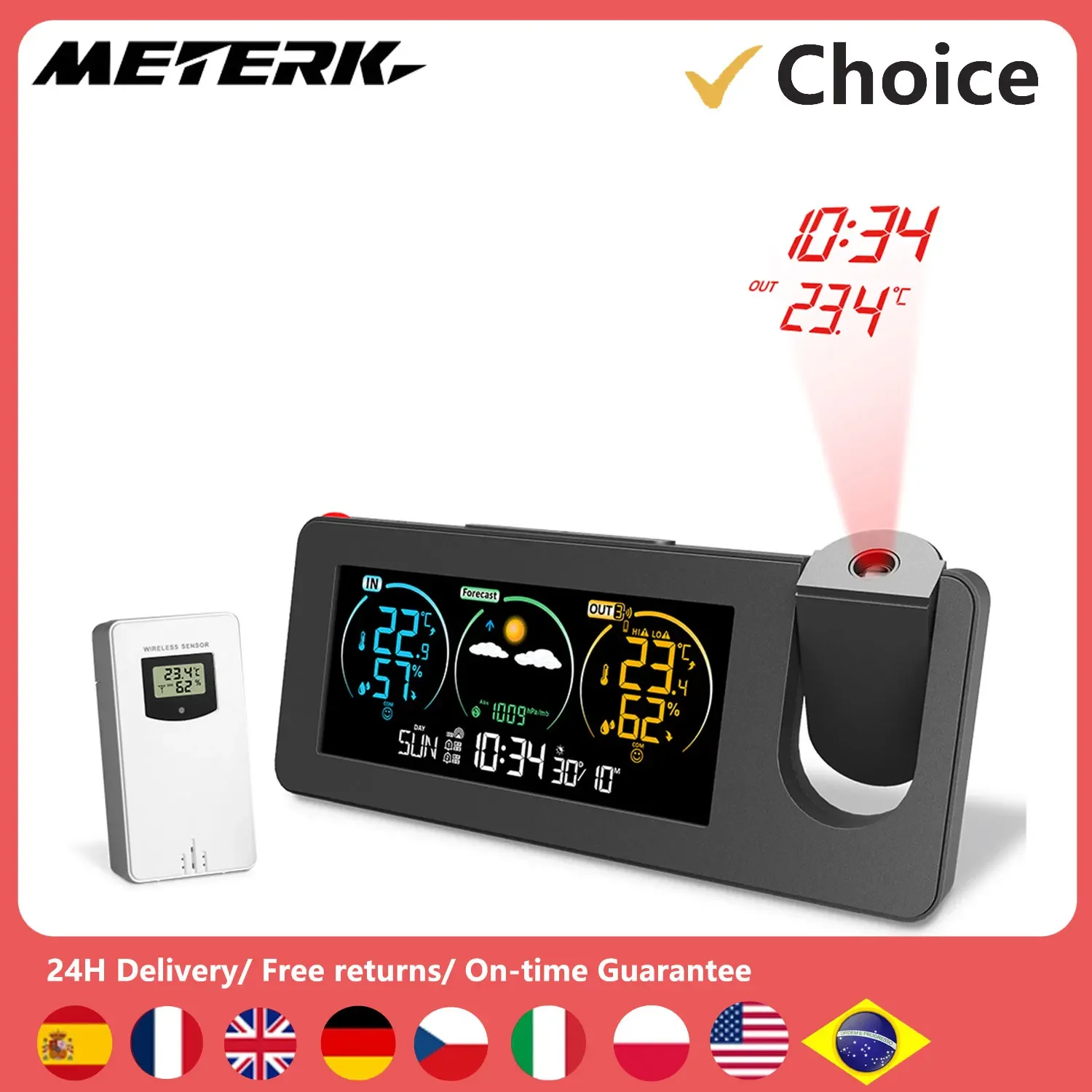 ZX3538 محطة الطقس داخلي ميزان الحرارة الخارجي الرقمي الجديد الإسقاط على مدار الساعة توقعات الطقس درجة الحرارة الرطوبة مع الاستشعار