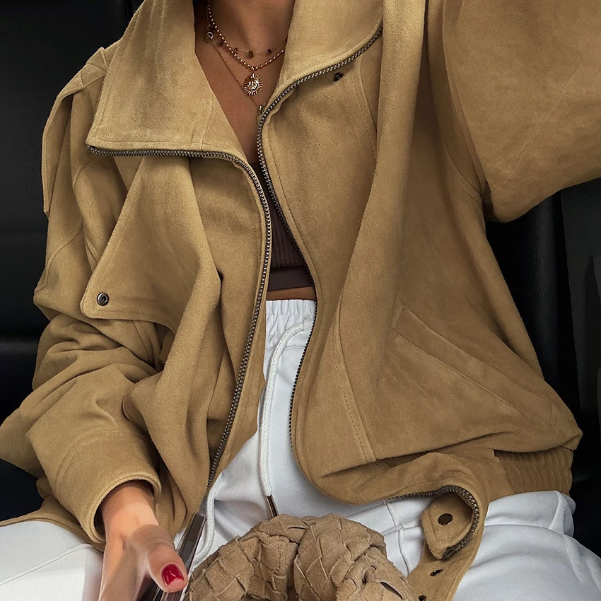 

Linad Street Chic Khaki Zipper Jackets For Women Fashion Stand Collar Coats Female 2025 Autumn Long Sleeve Outerwear With Pocket