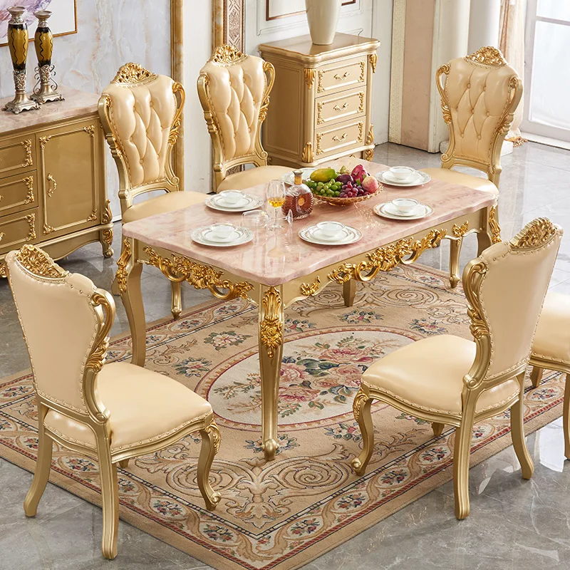 

European Restaurant Dining and Chair Combination Luxury Carved Marble Surface French Court Square Table Dining