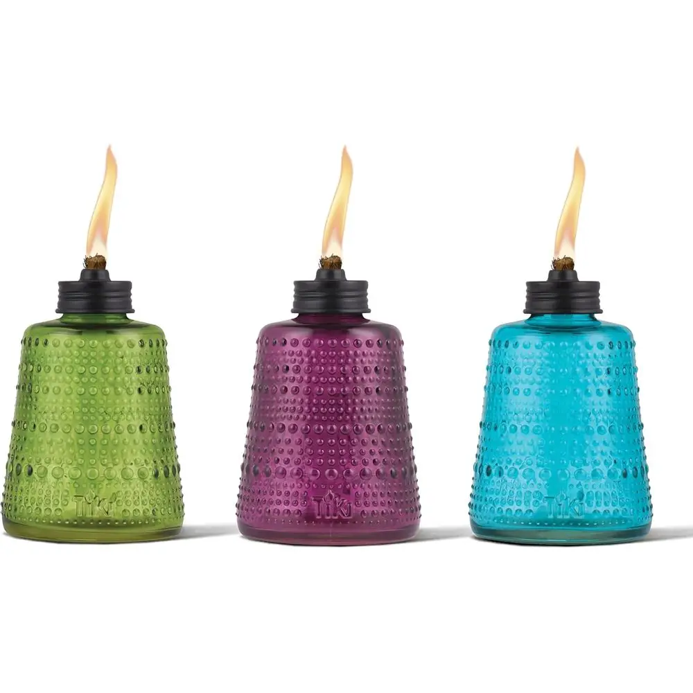

Decorative Outdoor 3-Piece Glass Tabletop Torches Set for Patio, Backyard, and Garden - Portable Lighting in Blue, Green, and Pu