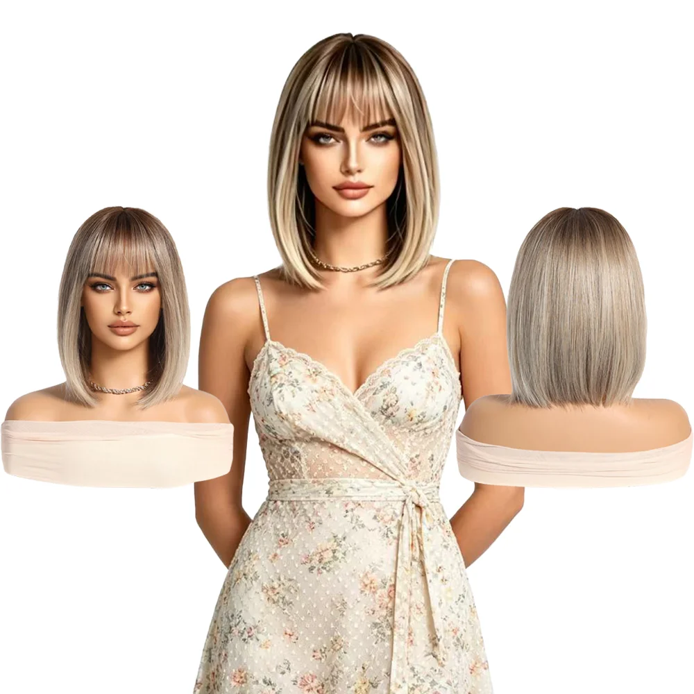 Natural Ash Blonde Ombre Bob Wig with Bangs Realistic Straight Short Wig Heat Resistant Synthetic Wig For Women Office Daily Use