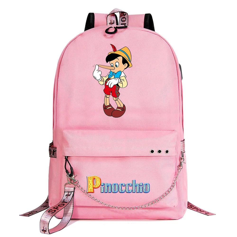 Disney Cartoon Pinocchio Students School Bag, Casual Travel Laptop Backpack with Charging USB, Teenager Backpacks, Women and Men