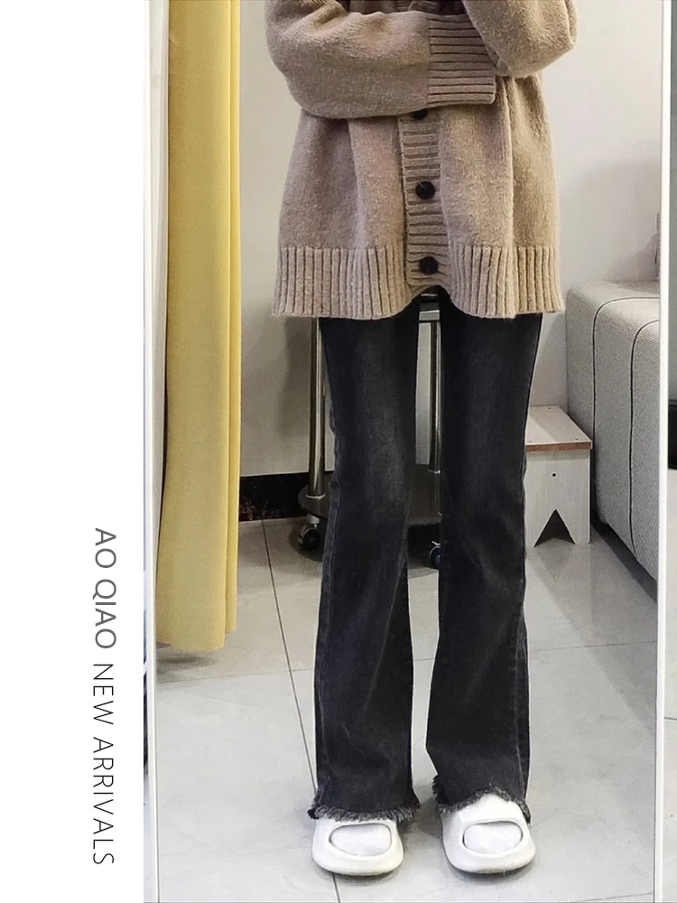 Pantalones vaqueros acampanados con forro de Fce de cintura alta para mujer, pantalones con pezuña elástica, adelgazantes, de talla grande, Color profundo, otoño