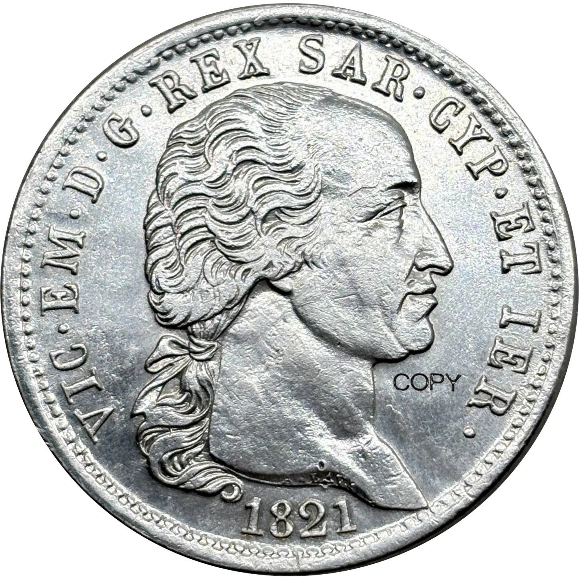 Moeda Comemorativa Italiana 1821 5 Lire Vitor Emmanuel I Piemonte Sardenha Réplica Banhada a Prata para Coleção