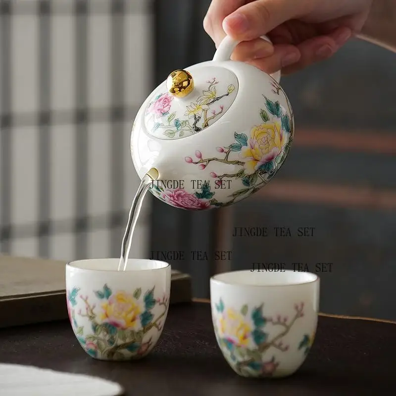 1 set of 3 Dehua ceramic peonies sheep fat jade porcelain gilded roasted flowers Chinese style Xishi teapot