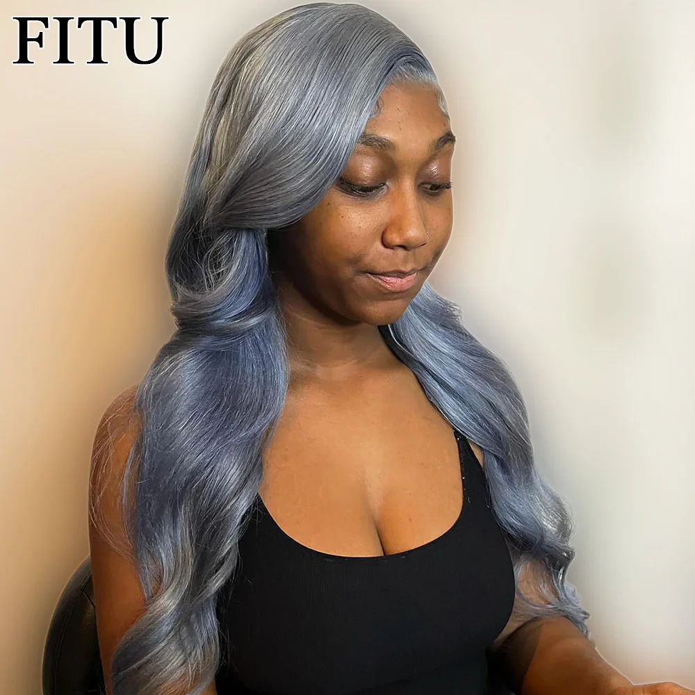 

FITU Grey Transparent 13x6 13x4 Lace Frontal Human Hair Wig 613 Colored Plucked With Baby Hair 5x5 Lace Closure Wig