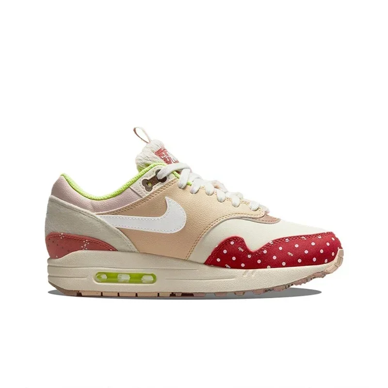 Nike Air Max 1 Men's and Women's Running Shoes Vintage Mesh Cloth Breathable Low-top Wear Casual Running Shoes Khaki Red