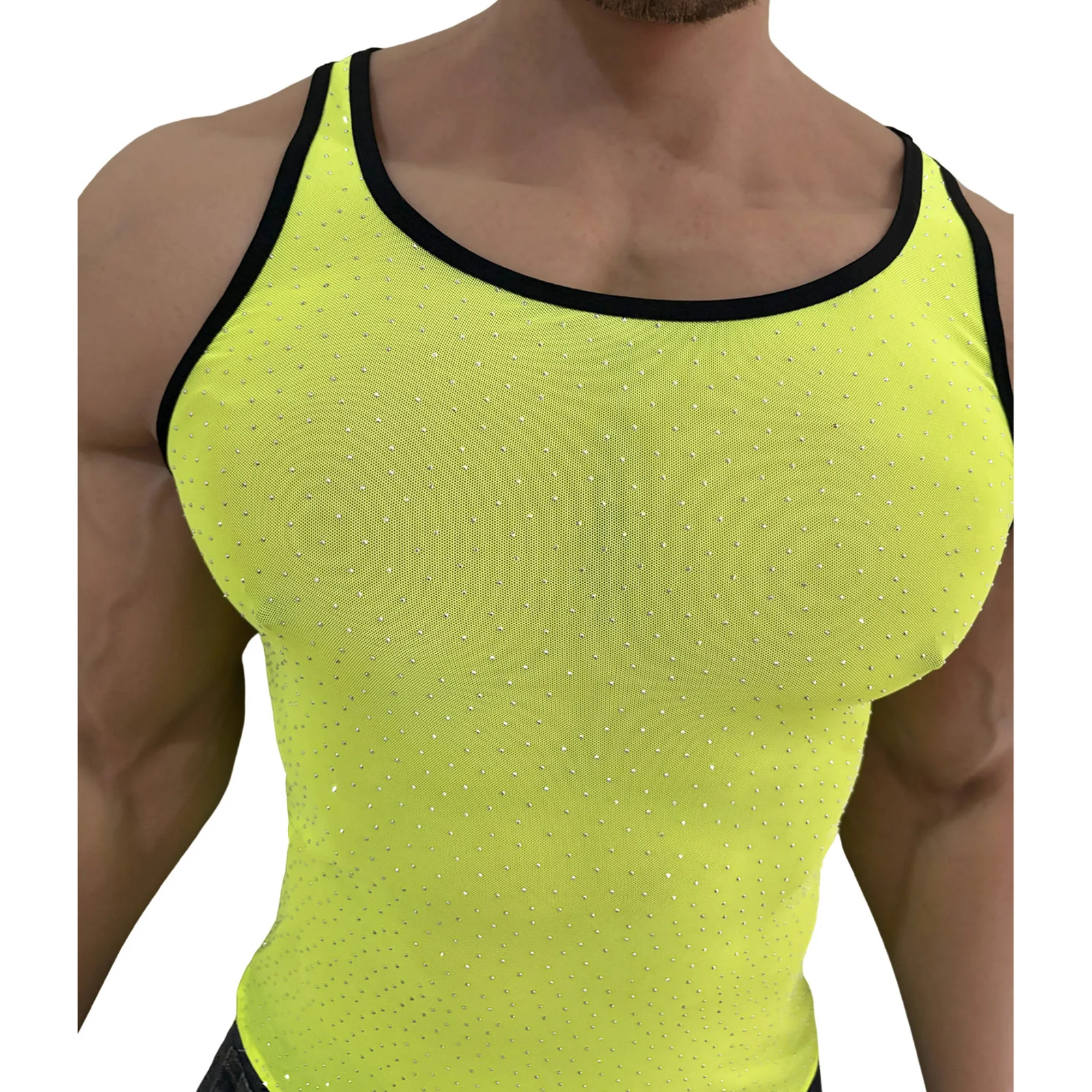 Mens Glitter Rhinestone Mesh Tank Top Showing Muscle T-shirt Sleeveless See Through Slim Fit Vest Disco Party Stage Clubwear