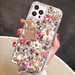 Luxury Bling Diamond Rhinestone Flower Case For iPhone15 Plus 14 13 11Pro 17 Air XR 16 Plus 12 Pro Phone Case Pearl Crystal