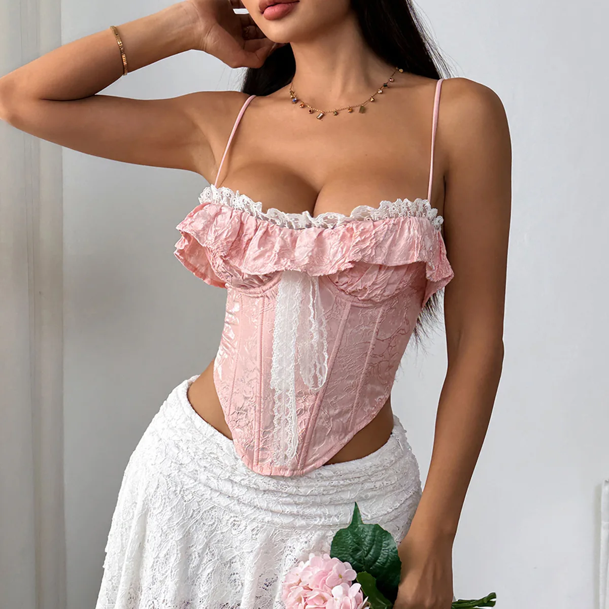 

ssTss Hot Girl Sexy Lace Patchwork Ruffle Tie Up Fishbone Corset Bra Women Vintage Cinched Waist Cropped Vest Camis Corp Top