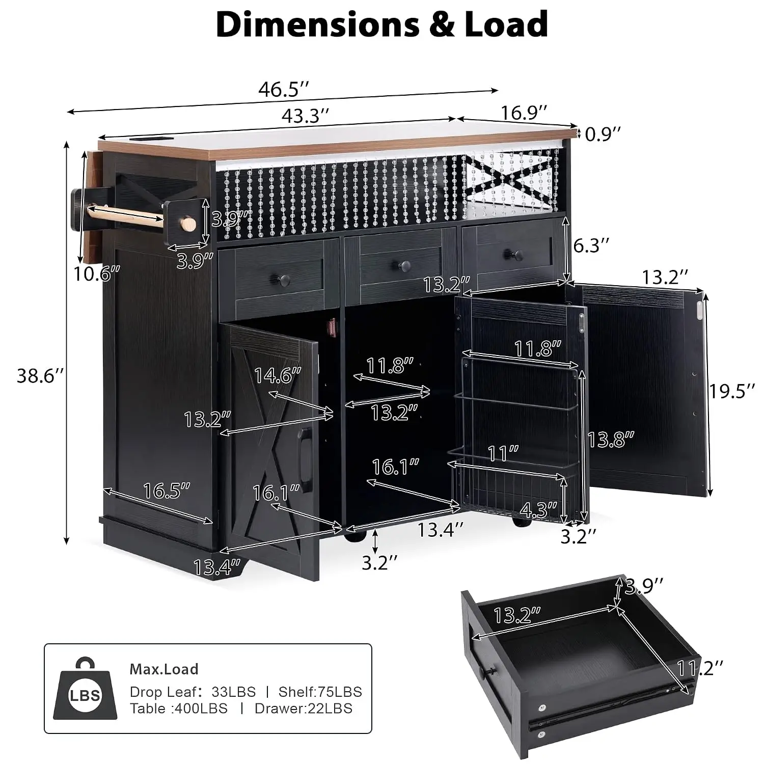 Farmhouse Kitchen Island Cart with Drop Leaf, Power Outlet, 3 Doors, 3 Drawers, Adjustable Shelves, Rolling Storage, Customized