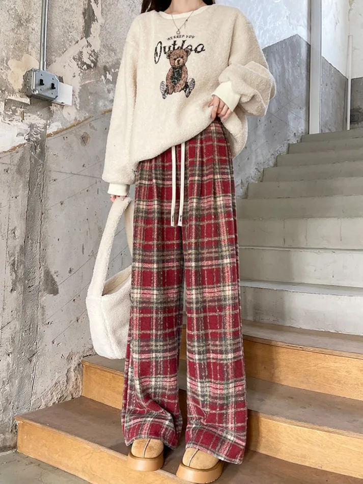 

Широкие брюки для миниатюрных женщин, женские осенние фланелевые плиссированные брюки с вышивкой в английском стиле, жаккардовые классические офисные брюки в клетку 2025 г.