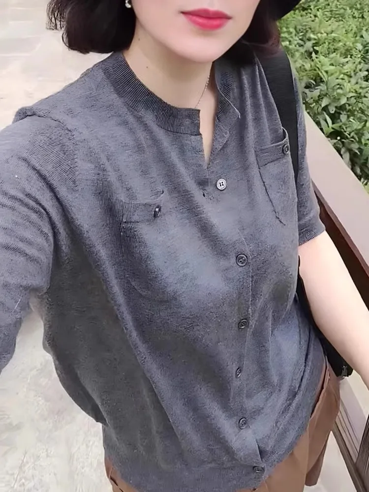 Удобный, приятный для кожи круглый трикотаж Ne Knitted Ice Silk ort Sve Повседневный трикотаж Женский летний дышащий трикотаж на одной пуговице...