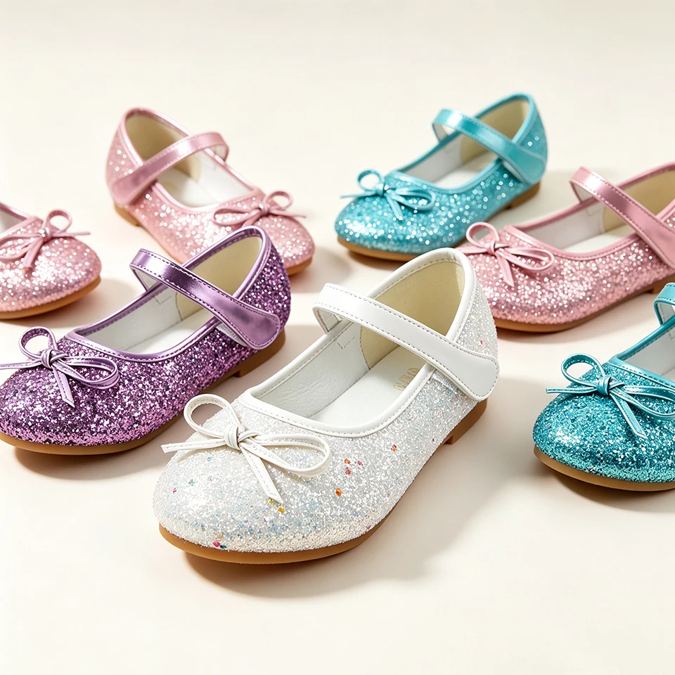 Shining Sequin Fairy Girls Mary Jane Princess Flat Shoes Christmas Halloween Cosplay Performance Elegant Party Dance Sandals
