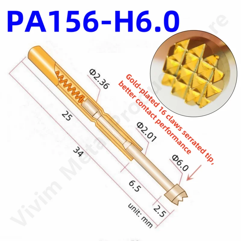 10/100PCS PA156-H6.0 Spring Test Probe Test Pin PogoPin P156-H Electrical PCB Test Tool 6.0/2.36/34mm Needle serrated Gold Tip