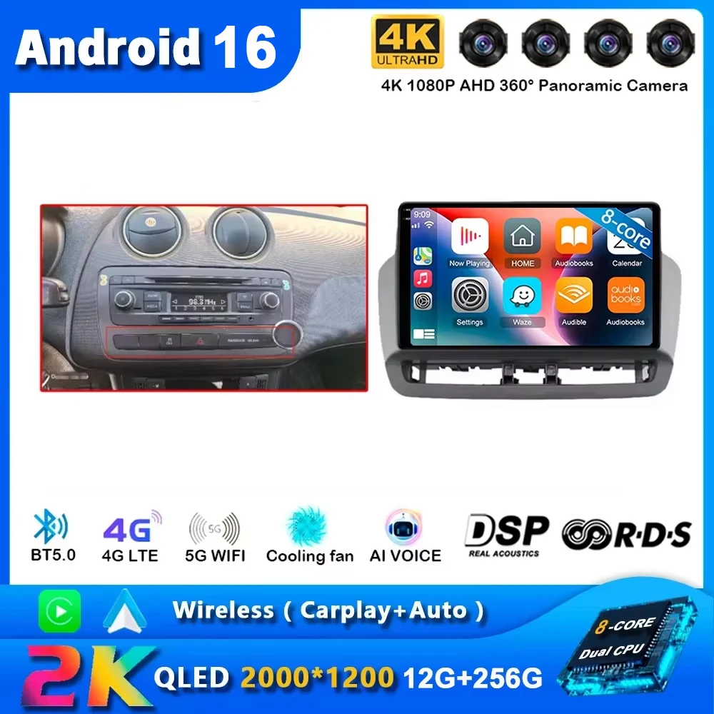 12G+256G QLED Touch Screen For Seat Ibiza 2012-2015 Android 16 Auto Radio Car Multimedia Video Player 5G WIFI BT GPS Navigation