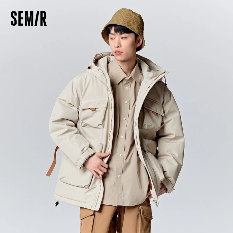 Semir Down Jacket Men 2023 Winter New Casual Multi-Pocket Workwear Style Fashionable Thin Loose Hooded Jacket