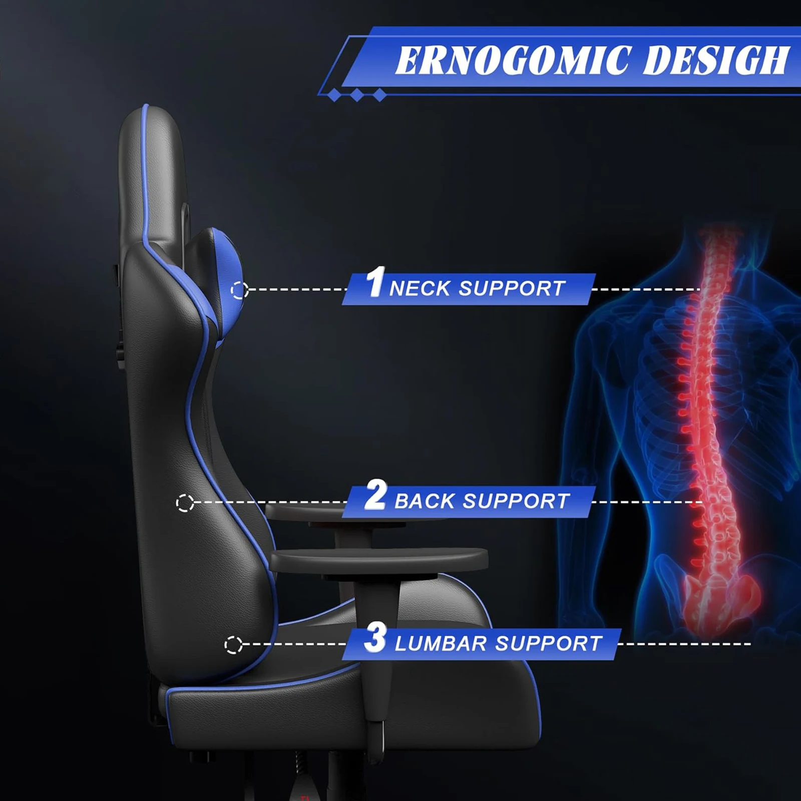 Bigzzia Ergonomic Gaming Chair Gamer Chairs with Lumbar Cushion Headrest Height Adjustable Office Chair Home Computer Chair