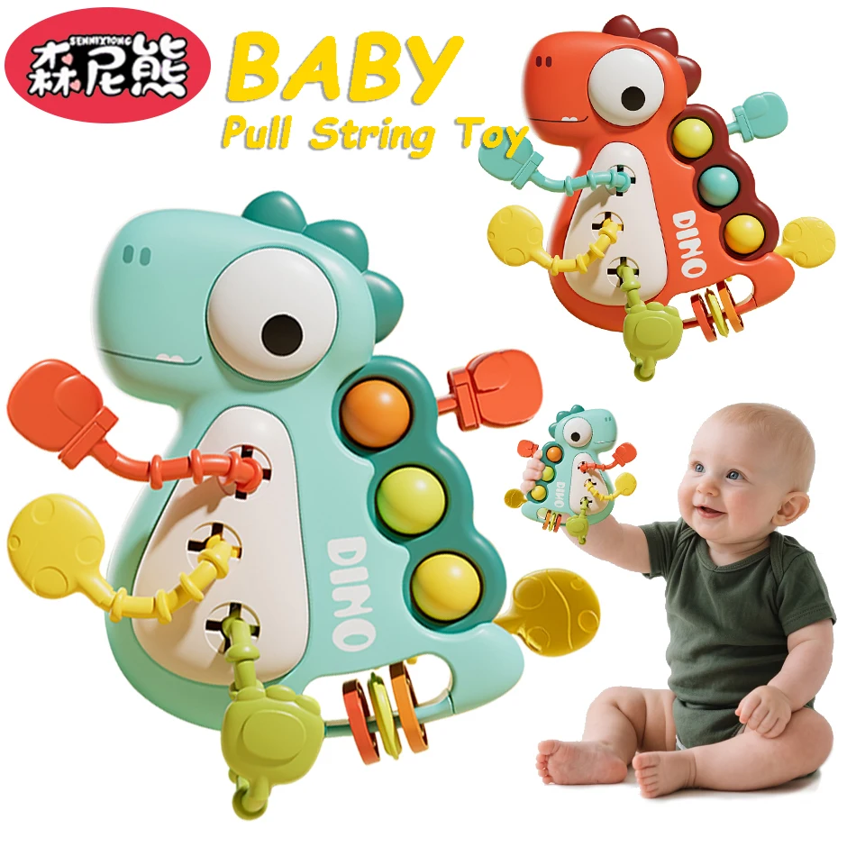 Sennixiong bebê dinossauro dentição brinquedo puxar corda infantil recém-nascido sensorial silicone chocalhos montessori brinquedos para criança presente do miúdo