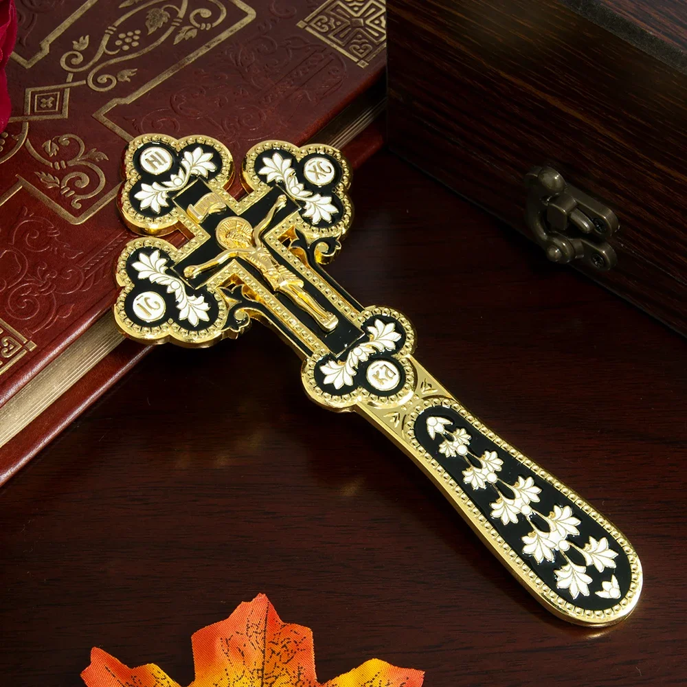HTISOK Orthodoxes Kirchen-Handkreuz, vergoldet, bunt emailliert, Jesus-Kruzifix-Ikone, INRI-Kreuz für religiöse Rituale – Detail 1