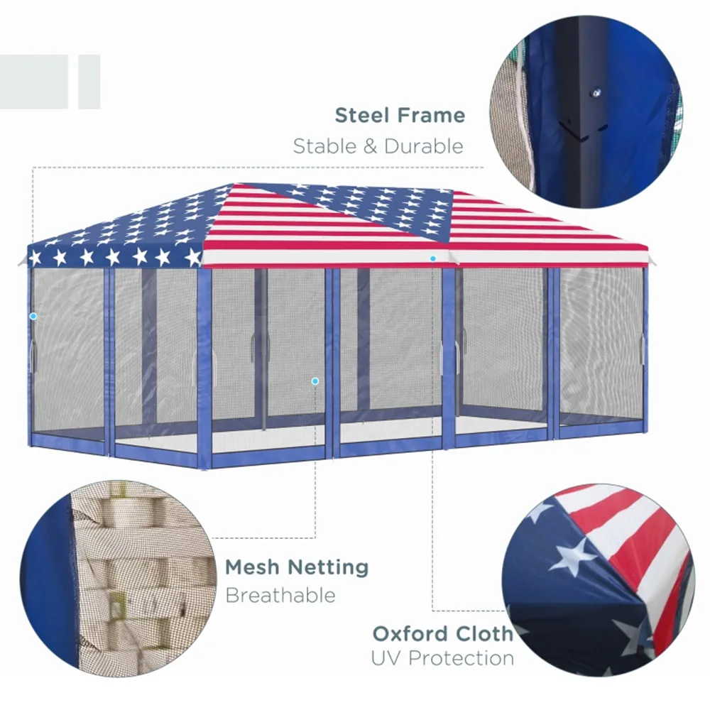 [Flash Sale]10' x 20' Pop Up Canopy Party Tent with Netting with Carry Bag American Flag Pattern[US-Stock]