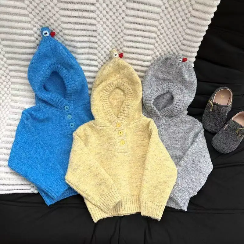 Korean Style Baby Autumn Sweater Cute Cartoon Pointed Hood Knit Jumper Soft Versatile Knitwear For Infant Toddler Kids