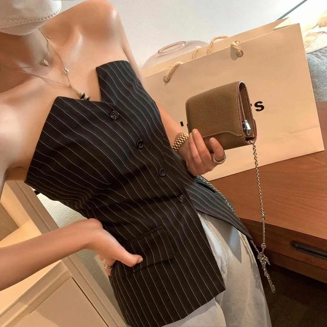 

Striped suit tube top summer women's design feeling off the shoulder beauty back wear waist versatile top tide