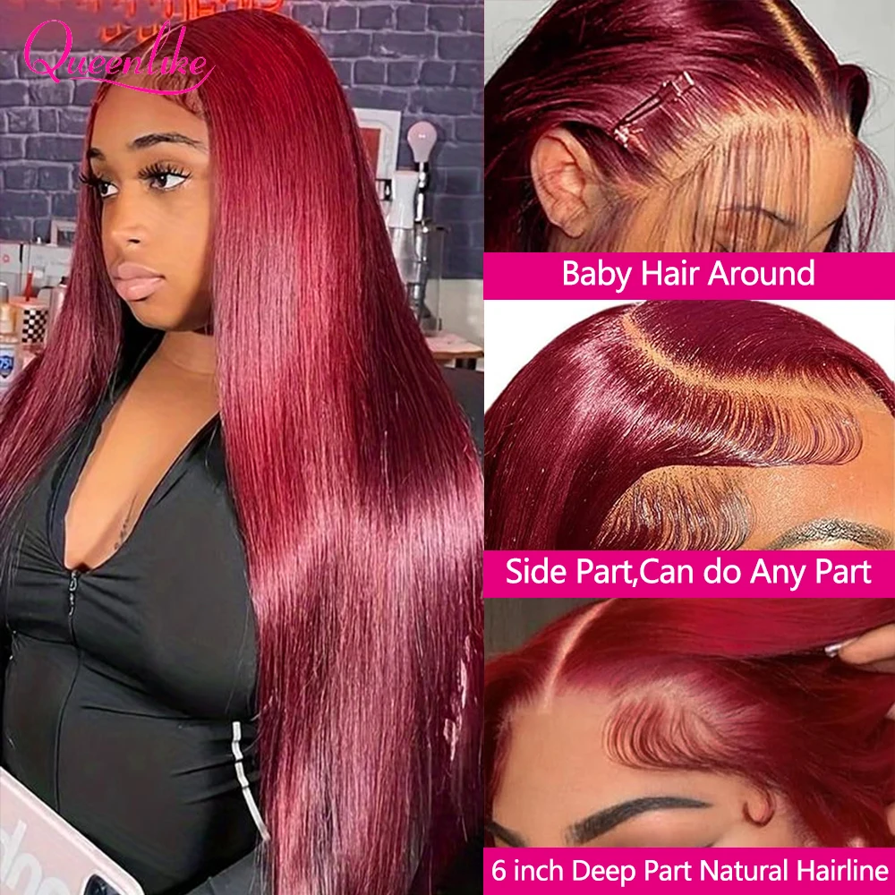 30inch 99J Burgundy 13x6 Straight Lace Frontal Human Hair Wig Pre Plucked Brazilian Hair Wigs for Women Colored Human Hair Wigs