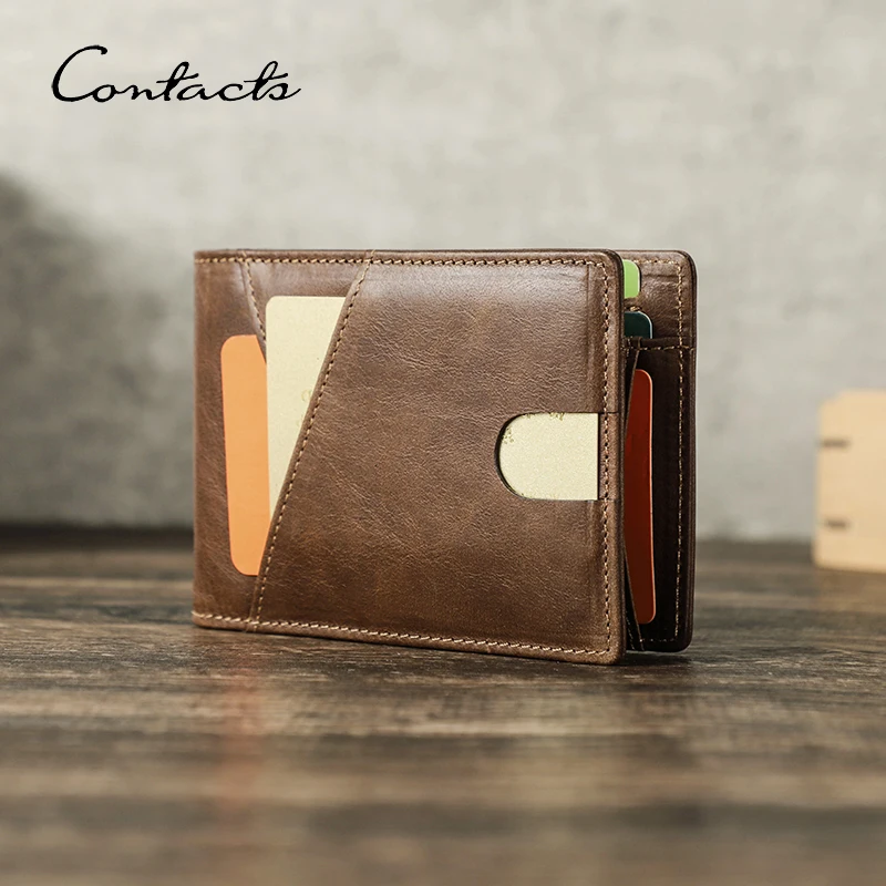 CONTACT'S Genuine Leather Short Wallets for Men RFID Slim Card Holder Coin Purses Money Clips 2023 Male Mini Wallet Photo Holder